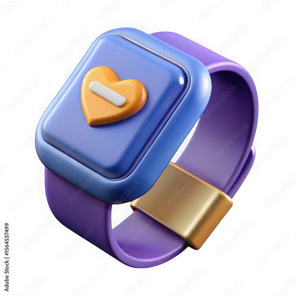Poster stylized 3d render of a modern smartwatch with a purple band and a blue screen displaying a heart ic
