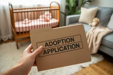 person hold adoption application file in baby room with crib
