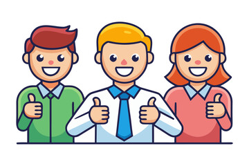 Three diverse cartoon business people giving thumbs up gestures of approval and agreement in a professional setting