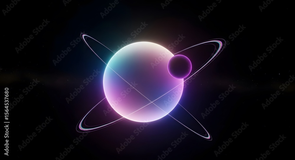 Poster mesmerizing luminous planet with colorful rings and smaller moon against starry cosmic background