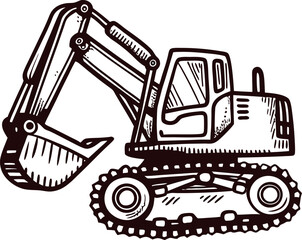 Hand drawn illustration of excavator construction machine with tracked wheels and detailed shovel arm