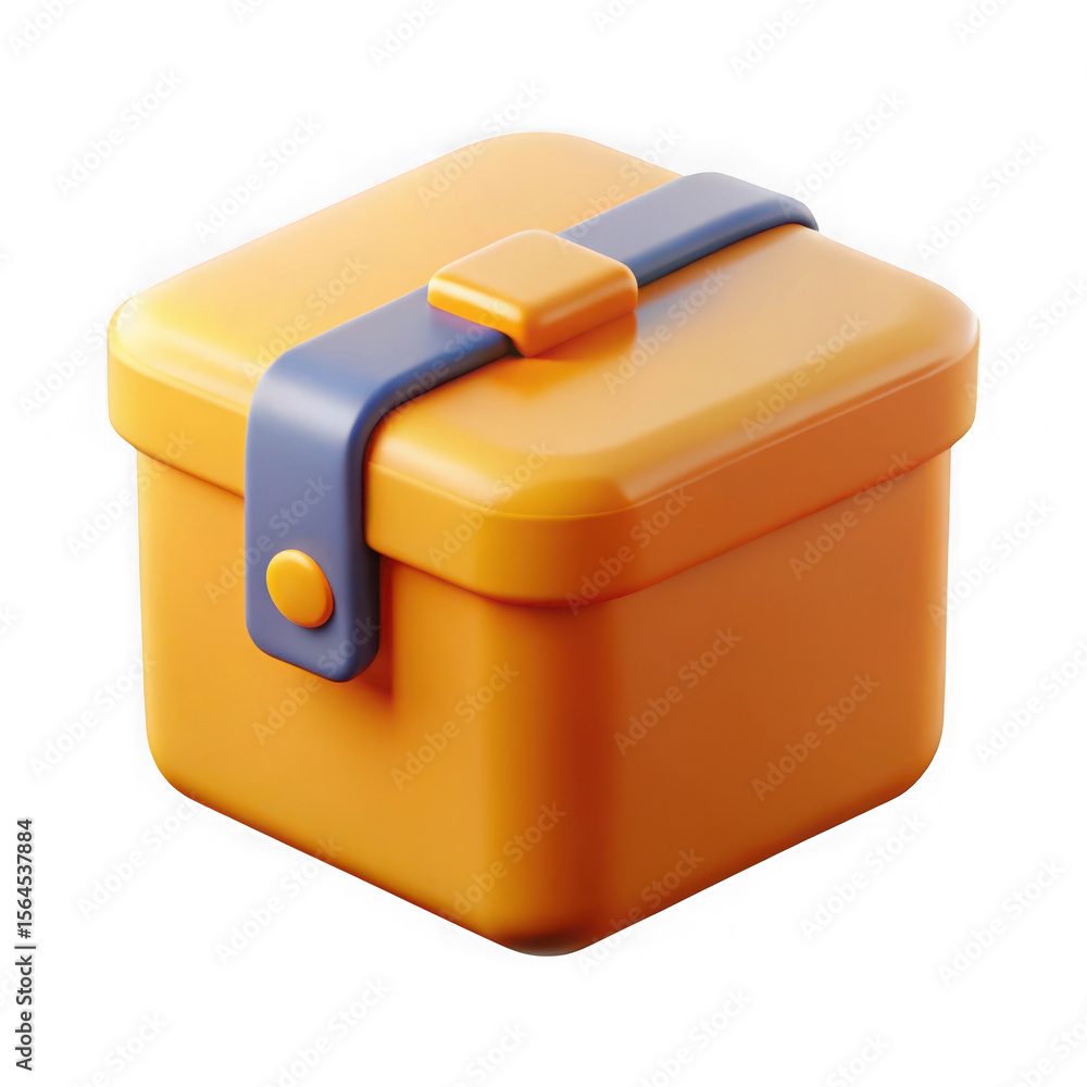 Poster stylized 3d render of a bright orange square lunchbox with a blue strap and yellow button isolated o