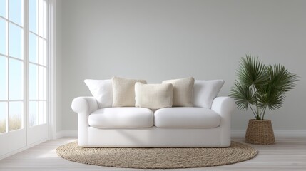 Modern minimalist living room with white sofa and greenery