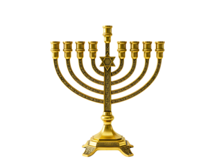 Golden menorah with nine branches isolated on transparent background
