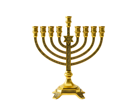 Golden menorah with nine branches isolated on transparent background