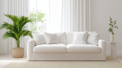 Modern minimalist living room with white sofa and greenery