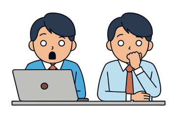 Two cartoon businessmen reacting with shock and surprise to something they see on a laptop screen at their desk