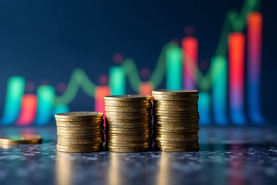 Three stacks of gold coins in front of a blurred financial chart with green red and blue colors