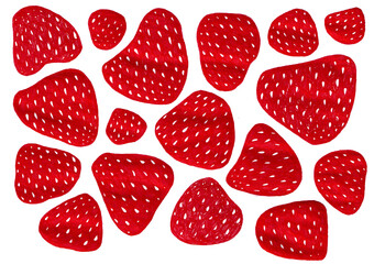 Set of strawberry berries. Stylized illustration. Red with white drops. Have the texture of wavy crumpled paper. Berries of different sizes and shapes are chaotically placed on a white background.