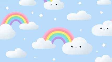 Whimsical clouds and rainbows on a blue sky backdrop
