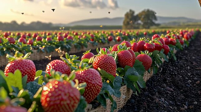 Ripe Red Strawberries in Rows on a Field with Green Leaves Under Soft Sunlight and a Cloud Filled Sky at Daytime