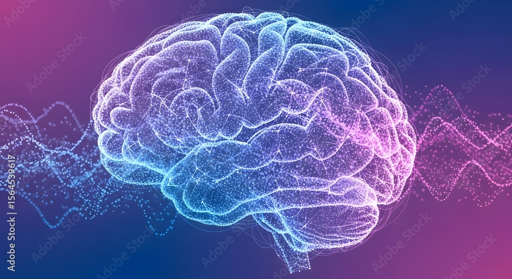 Poster futuristic digital brain and neural network visualization with glowing particles and connections