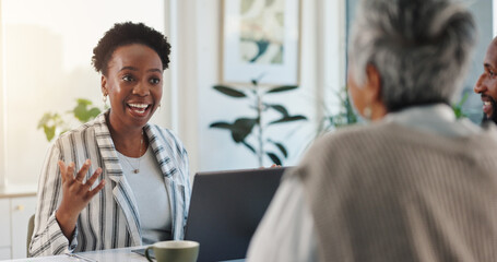 Smile, laptop and business people in office for meeting, discussion and accounting review....