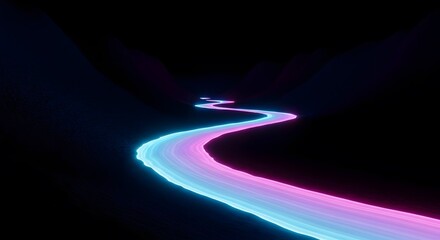Futuristic Glowing Neon River Winding Through A Dark Surreal Digital Landscape Background