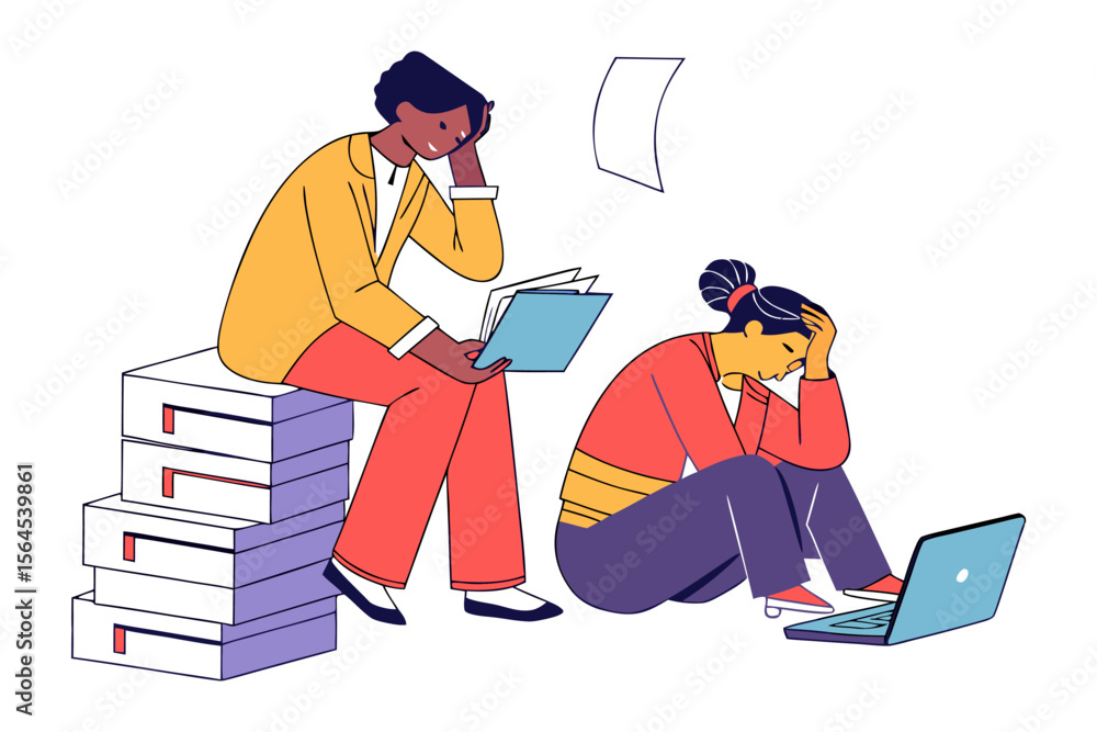 Poster two individuals experiencing stress and overwhelm while working on tasks one with a laptop and the o