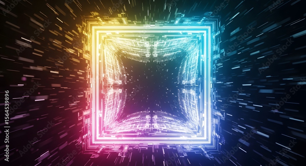 Aufkleber futuristic cyberspace tunnel with glowing neon frame and high speed digital data stream