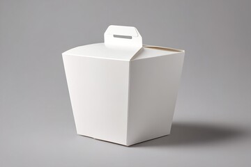 A plain white takeout container with a small lift-up tab on top, sitting on a neutral gray background. High quality