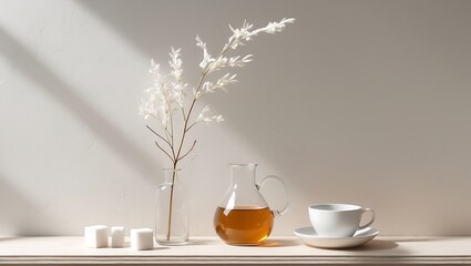 Minimalist still life with white flowers in a glass vase and a cup of tea