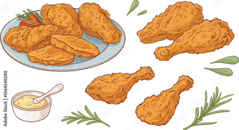 Poster fried chicken in isolated background vector design, set of fried chicken vector design in white back