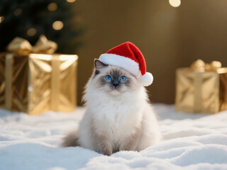 A charming Ragdoll cat with bright blue eyes wears a festive Santa hat, sitting on soft artificial snow with blurred golden gifts in the background, embodying the holiday spirit.
