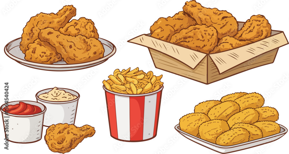 Poster Fried Chicken in carton package in isolated background vector design, Set of Fried Chicken vector design