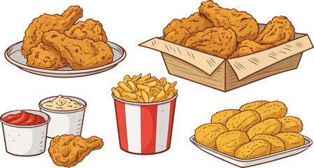 Fried Chicken in carton package in isolated background vector design, Set of Fried Chicken vector design