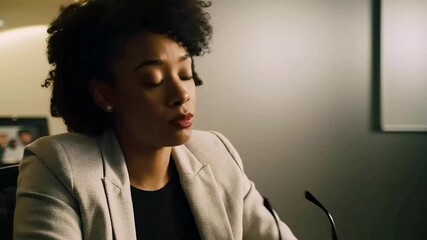 Pensive woman in beige blazer holding eyeglasses. Suitable for articles, blogs, and social media posts about professionalism and introspection.