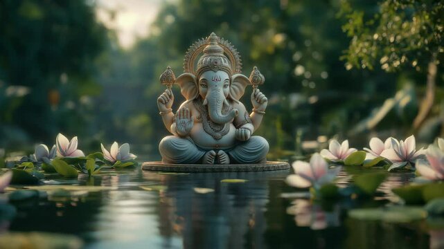 A serene statue of Lord Ganesha sits on a lotus in a tranquil pond. Surrounded by lush greenery, it symbolizes Hinduism and the festival of Ganesh Chaturthi