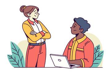 Two diverse colleagues discussing work while one works on a laptop in a modern office setting