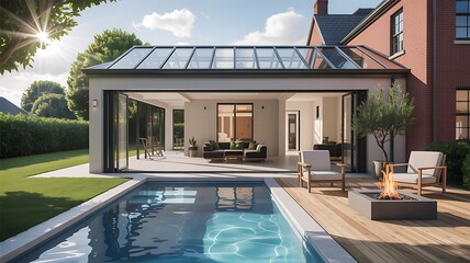 Modern house extension with swimming pool and outdoor seating architectural rendering