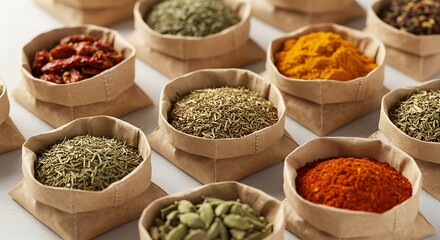 Fototapeta premium A Vibrant Display of Various Spices in Paper Bowls on a Tabletop