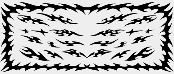 Neo tribal tattoo element set with frame, Y2k tribal tattoo design set