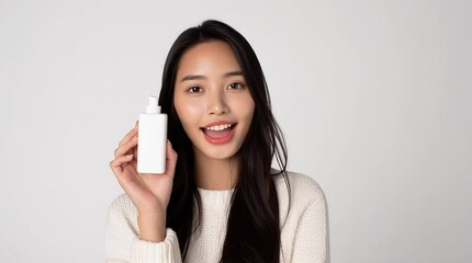 Close-up of a beauty influencer holding a skincare product bottle to the camera for a social media review or tutorial.

