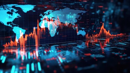 A digital world map with glowing data lines and reflections showing financial market trends in blue and red a - Powered by Adobe