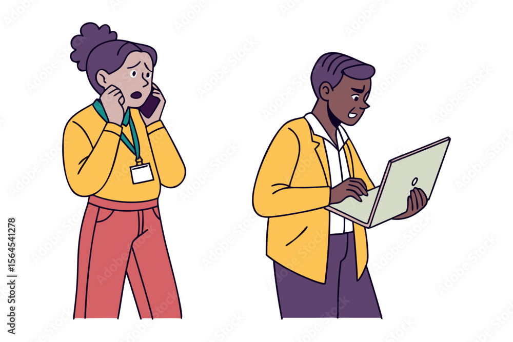 Poster two colleagues looking stressed and worried while working on a phone call and a laptop in a modern o