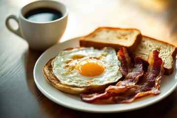 Homemade American breakfast. Fried eggs with bacon and toast, a cup of coffee on a wooden table. Healthy breakfast. The concept of healthy eating. Morning Sunlight