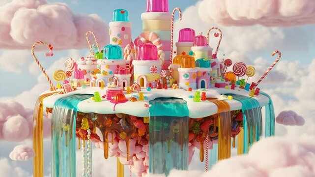 A whimsical candy land floating amongst clouds, a sugary paradise