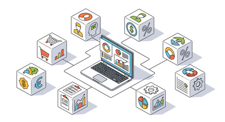 Visualizing data insights across multiple cubes connected to a central laptop screen