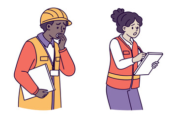 Two construction workers a man and a woman appear concerned while reviewing documents on a white background