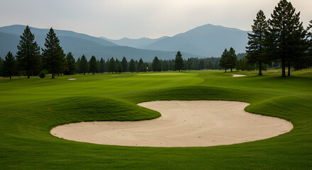 Obraz premium A golf course fairway with mountains in the background