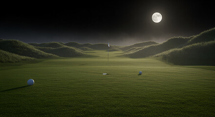 A serene golf course at night under a full moon