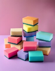 Many pastel color kitchen sponges on lilac table on pink pastel background. Generated image
