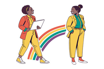 Two smiling women in colorful suits stand near a rainbow one holding a tablet representing diversity and success in business