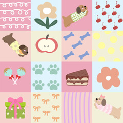 Colorful playful patterns with pets and flowers.
