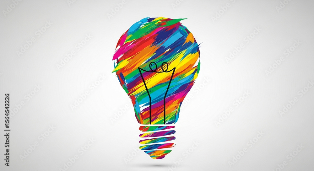 Poster a colorful lightbulb with brush stroke texture on a white background representing creativity and ide