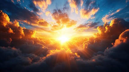 Fototapeta premium Stunning vibrant sunrise with dramatic clouds and warm sunlight breaking through du early morning sky scene