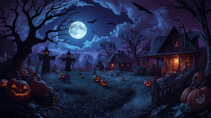 Spooky Halloween Night with Haunted House and Glowing Pumpkins. Holiday event Halloween banner background concept.