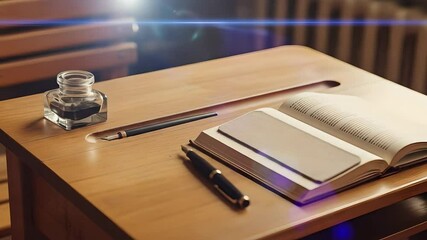 Vintage school desk with inkwell, pen, and open book evokes classic education. Ideal for learning, literature, and historical content. Nostalgic back-to-school concept. Academia. - Powered by Adobe