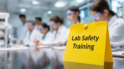 lab safety training message on yellow sticky note in science laboratory with researchers and lab attendant listening to speaker seated for instruction awareness and education concept