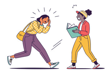 Surprised woman reacts to unbelievable news while another person reads a book